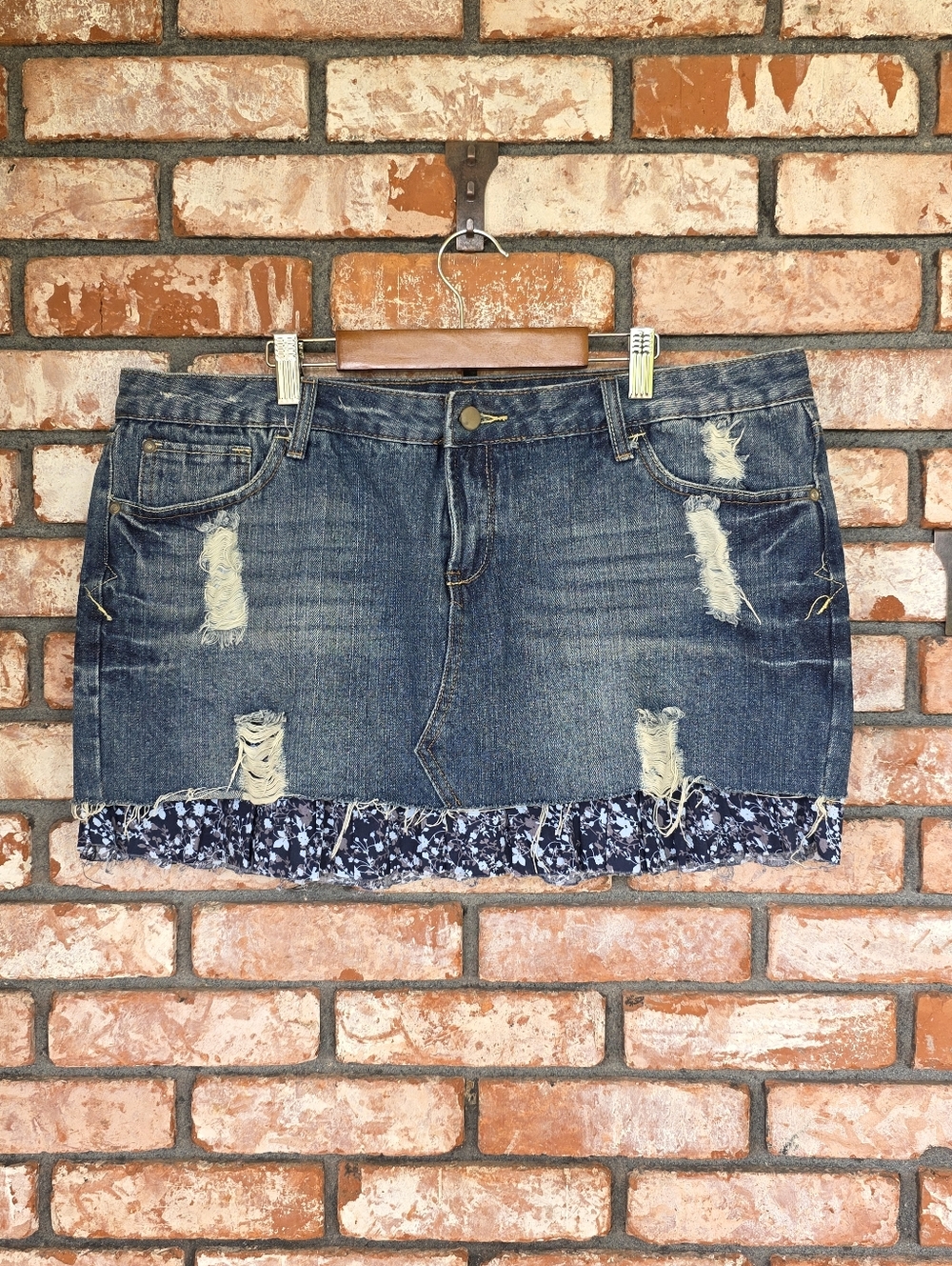 Garage Distressed Denim Mini Skirt with Navy Floral Trim